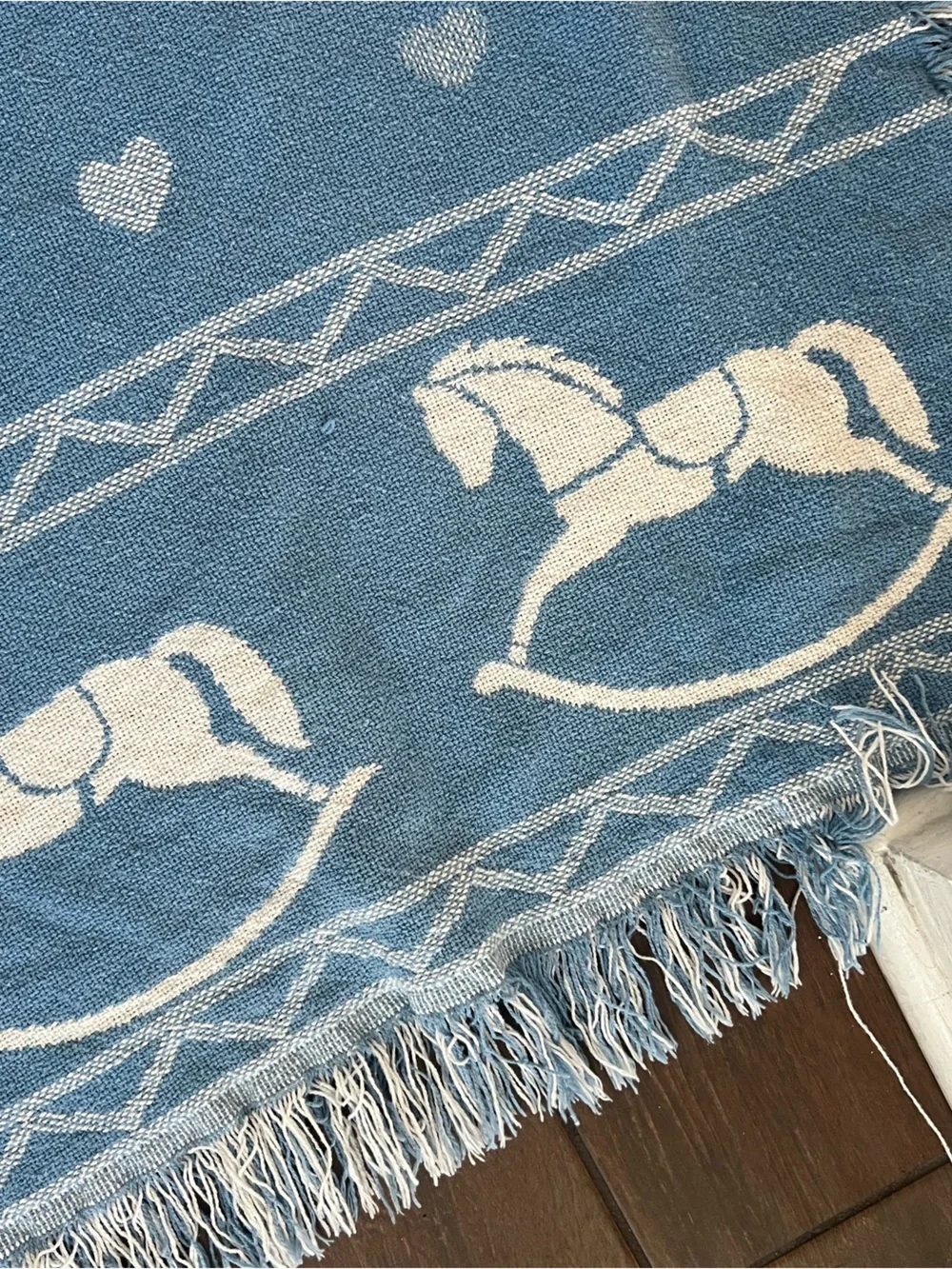 Vintage 80s Blue and White Hearts and Rocking Horses Blanket w/Fringe